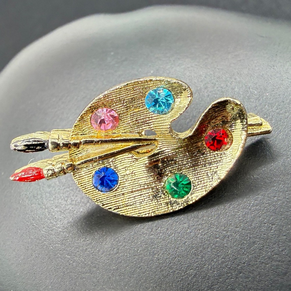 Vintage Gold Tone Artist Palette Brooch Paintbrushes Rhinestone Art Teacher Pin